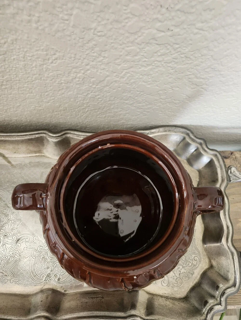 Vintage Brown Swirl Pattern Crock Vase With Handles Glazed